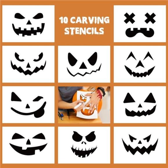 Pumpkin Carving Kit - 4 Halloween Pumpkin Carving Tools Set with 10 Stencils - Picture 4 of 5